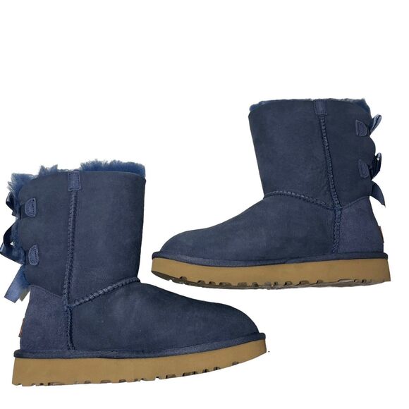 UGG Boots Womens Size 5 Bailey Bow II Navy Blue Suede Leather Short Flat - Picture 4 of 5